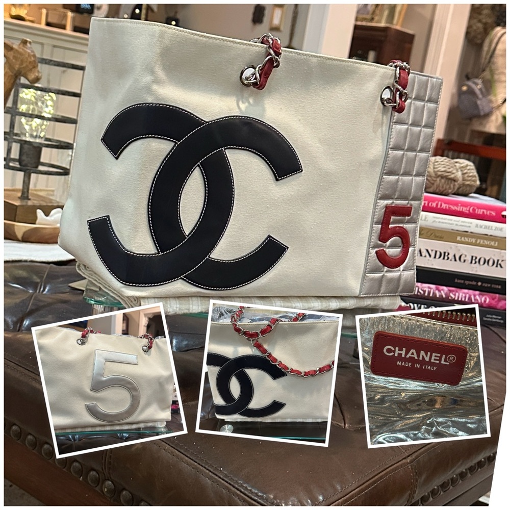 CHANEL No.5 Choco Bar Chain Tote in White Canvas & Silver-Tone Hardware, RARE